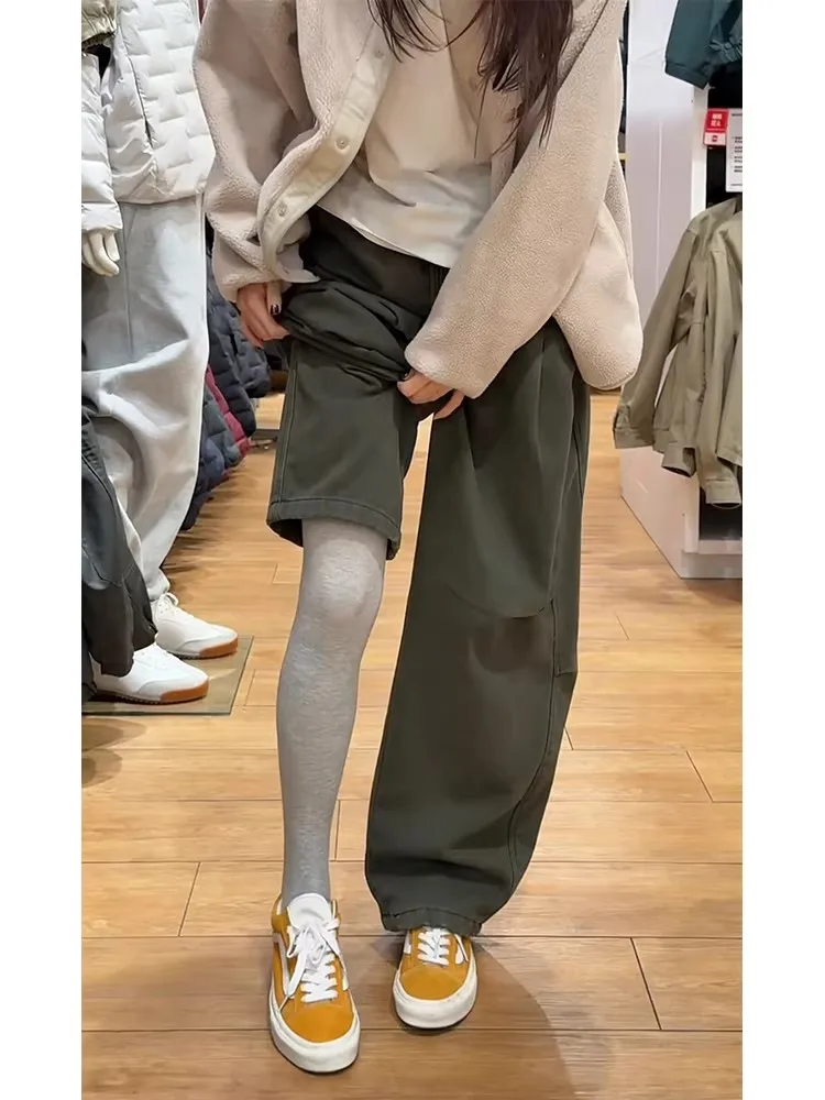 

Military een Pure Cotton Fce Lined Casual Pants Men's Folded Knife Design Loose Wide Leg Straight Cut Workwear Trousers