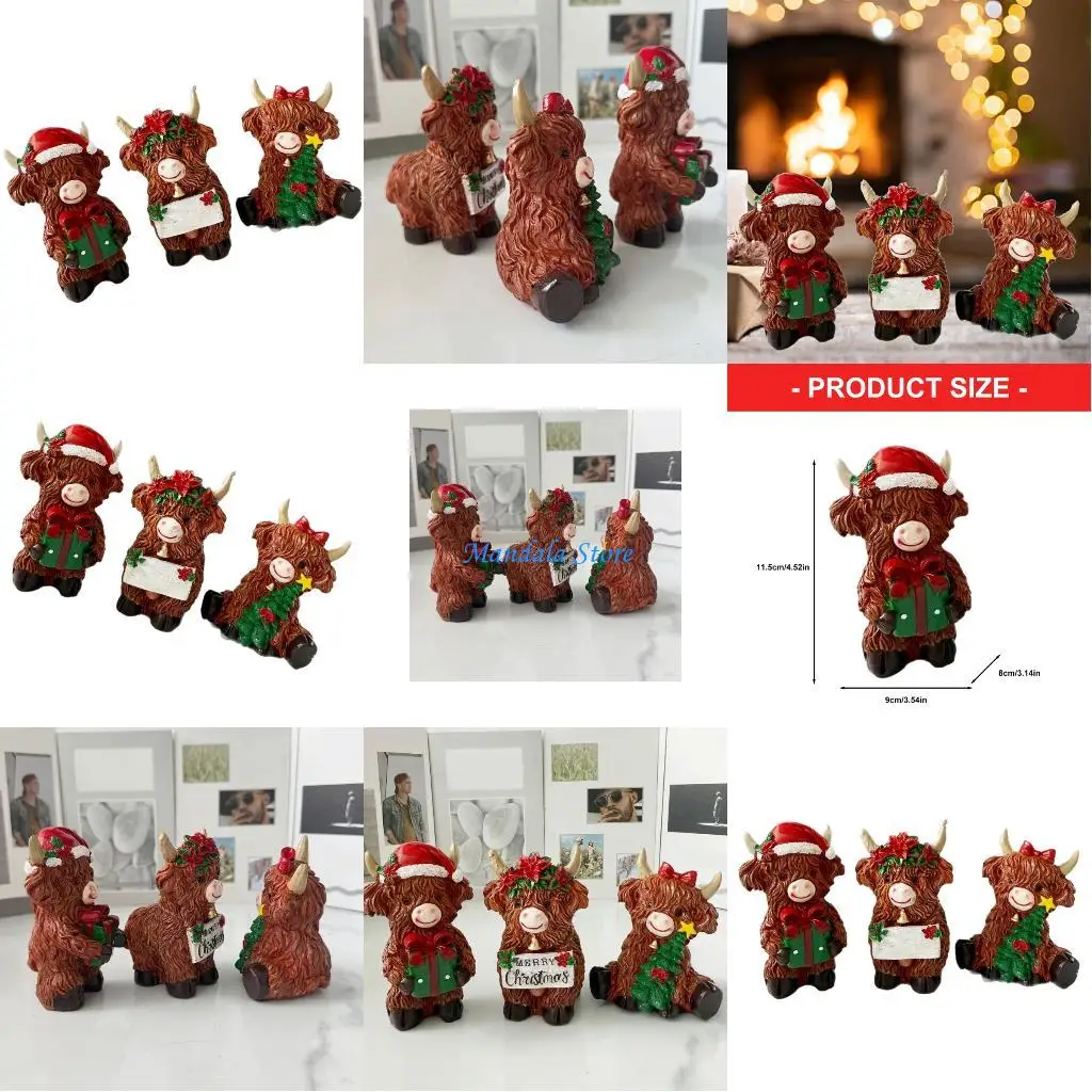 U2JC Realistic Highlands Cow Animal Figurines Resins Animal Statue Ornament for Table