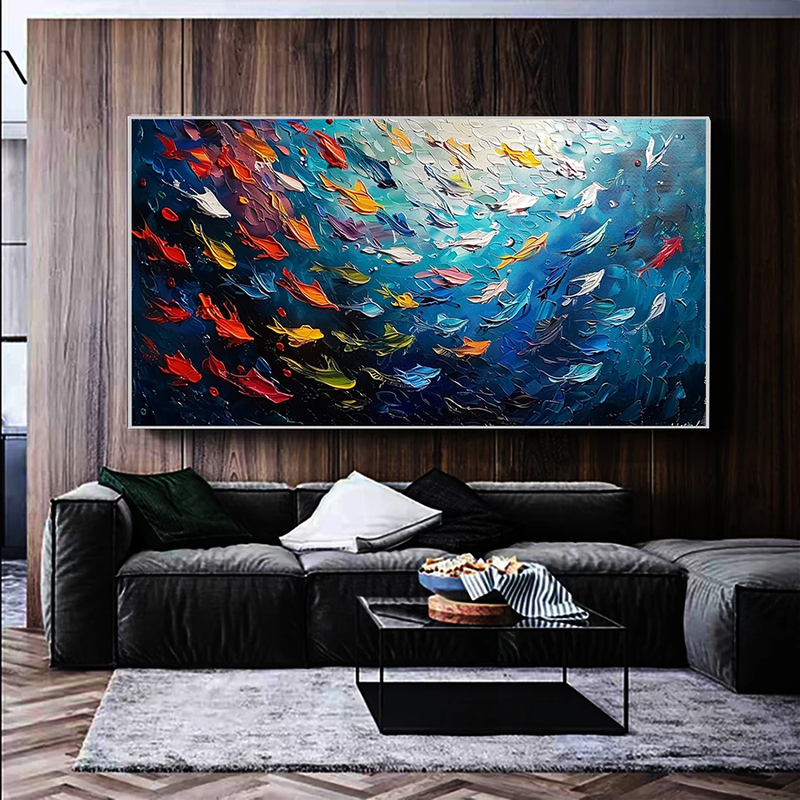 Abstract Fish School Oil Painting on Canvas,Wall Arts Textured Fish Posters,Blue Sea Landscape Print,Living Room Decor,No Frame