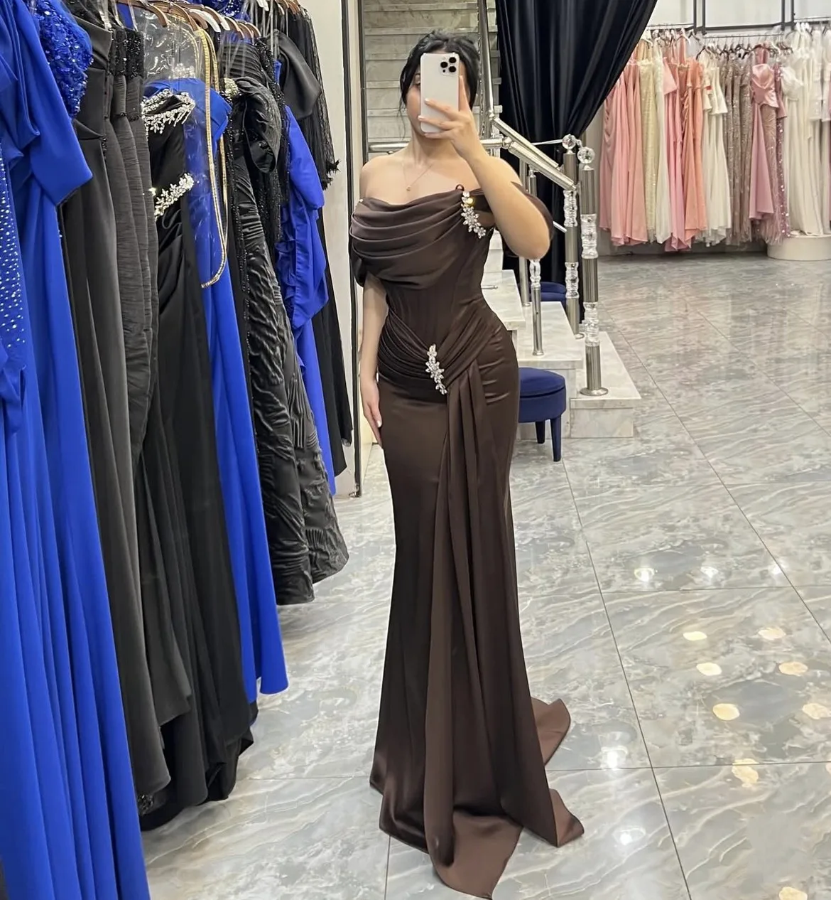 الشوكولاته فساتين لحضور الحفلات الموسيقية كريستال مغرفة عالية الجودة الساتان حورية البحر فساتين لحضور الحفلات الموسيقية مع الدانتيل حتى الظهر vestidos de fiesta de noche #3