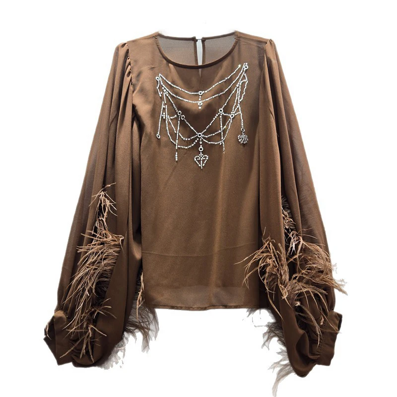 WTHT Fashion Women Diamonds Chain Loose Chiffon Shirt 2025 Autumn O-neck Spliced Feather Long Sleeve Blouse Female 1LS2668