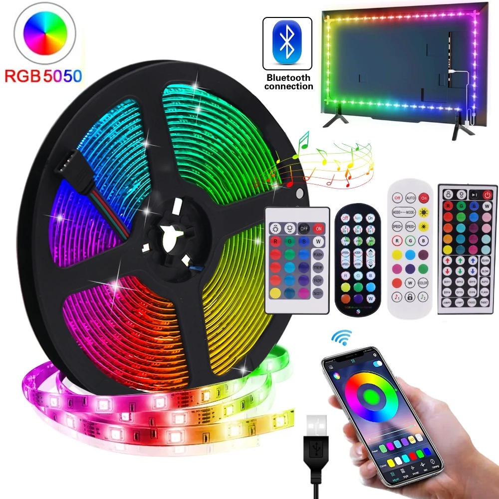 

USB RGB LED Light Strips 5V Bluetooth App Remote Control Flexible Ribbon 5050 30LEDs/M Diode Tape Rope Lamp TV Backlight