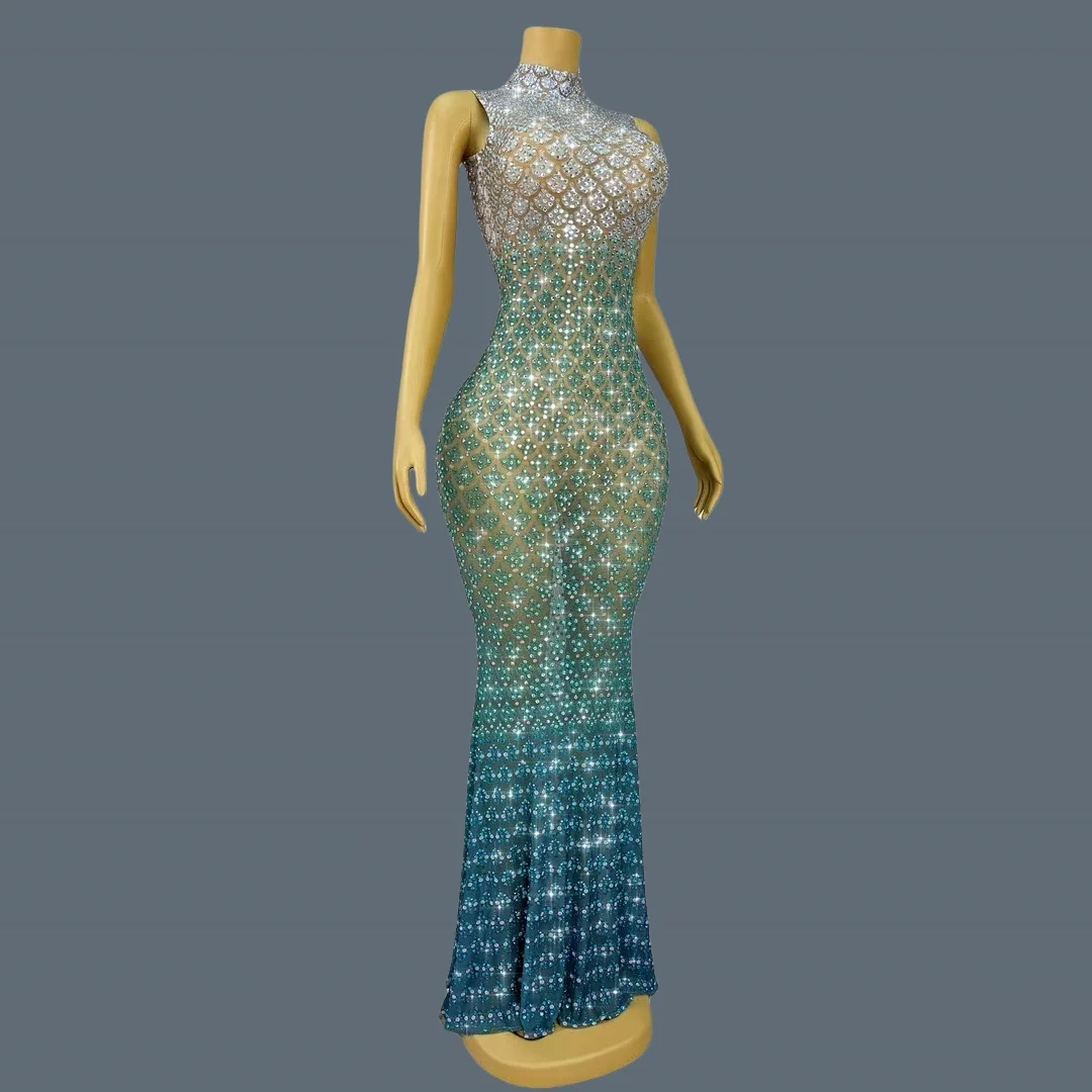 Trendy Gradient Sparkling Crystal  Sheer Mesh Long Dress Sexy High-end Skinny Evening Dress Birthday Night Party Outfit Qingshe