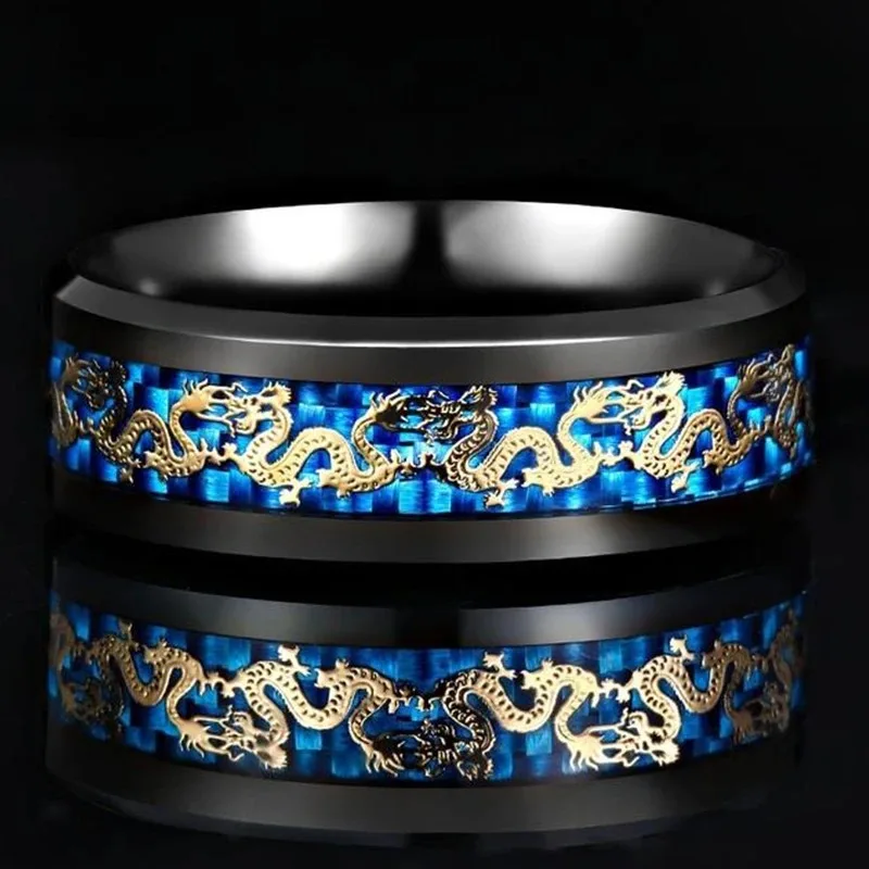 Fashion 8mm Men Stainless Steel Dragon Ring Vintage Punk Chinese Dragon Pattern Carbon Fiber Rings For Men Wedding Party Jewelry view 2