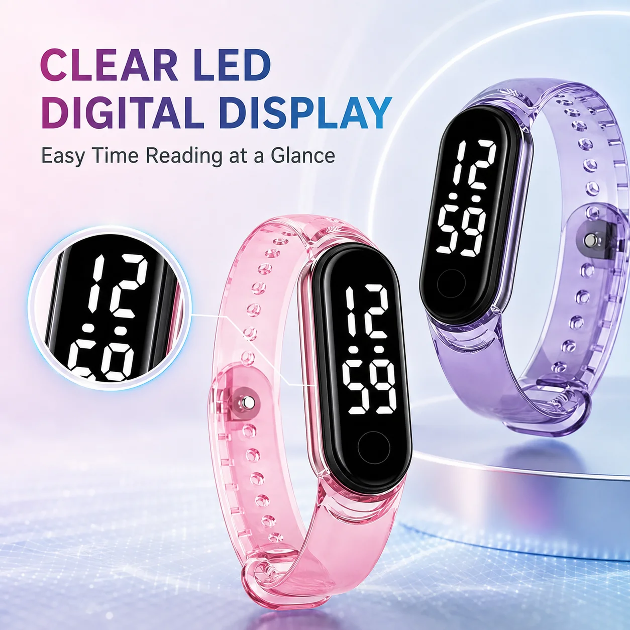 Translucent jelly strap LED digital watch, slim touch-controlled electronic wristwatch with large display