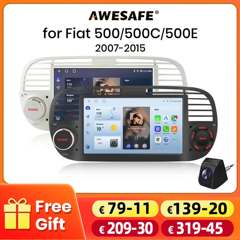 AWESAFE Autoradio Wireless CarPlay per FIAT 500 500C Abarth 2007-2015 con Android Auto, Navigazione GPS, Sistema Smart, RDS, DSP, FM