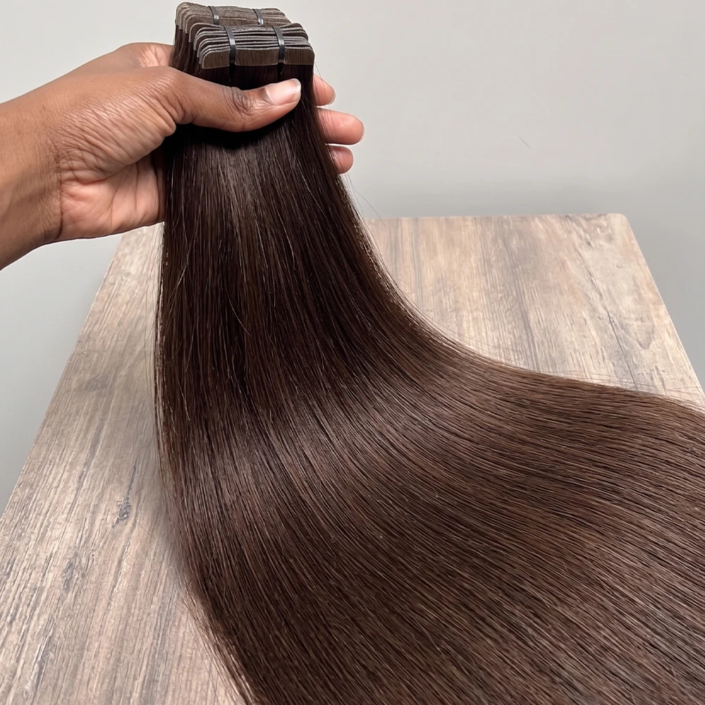 Tape in Hair Extensions Human Hair Seamless Invisible Straight Hair Brazilian Natural 4A Chestnut Brown 16-22 Inch Skin Weft Tape PU Pure Hair 21Pcs/Pack 100% Human Hair for Women