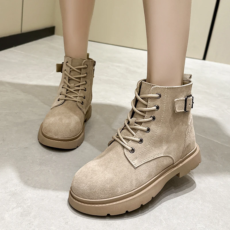 Yozcttaa Size 34-40 Women Ankle Combat Boots Suede Real Leather Hike Motorcycle Boots Casual Thick Heel Platform Shoes Fall 2025