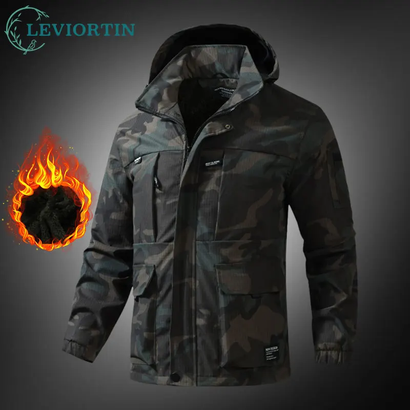 Autumn And Winter Men\'s Fleece Lined Jacket  Thick Warm Workwear Camouflage Windbreaker Outdoor Hiking Casual Jacket And Coats