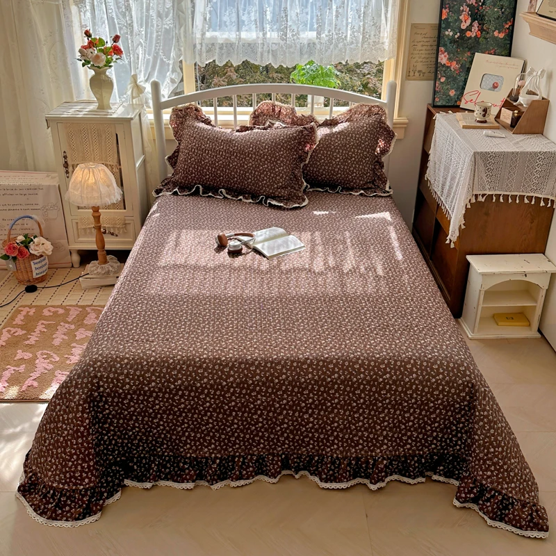 Cubrecama Acolchado para Camas Individuales/Queen/King con Encaje, Ropa de Cama, Cubrecolchón Doble con Volantes