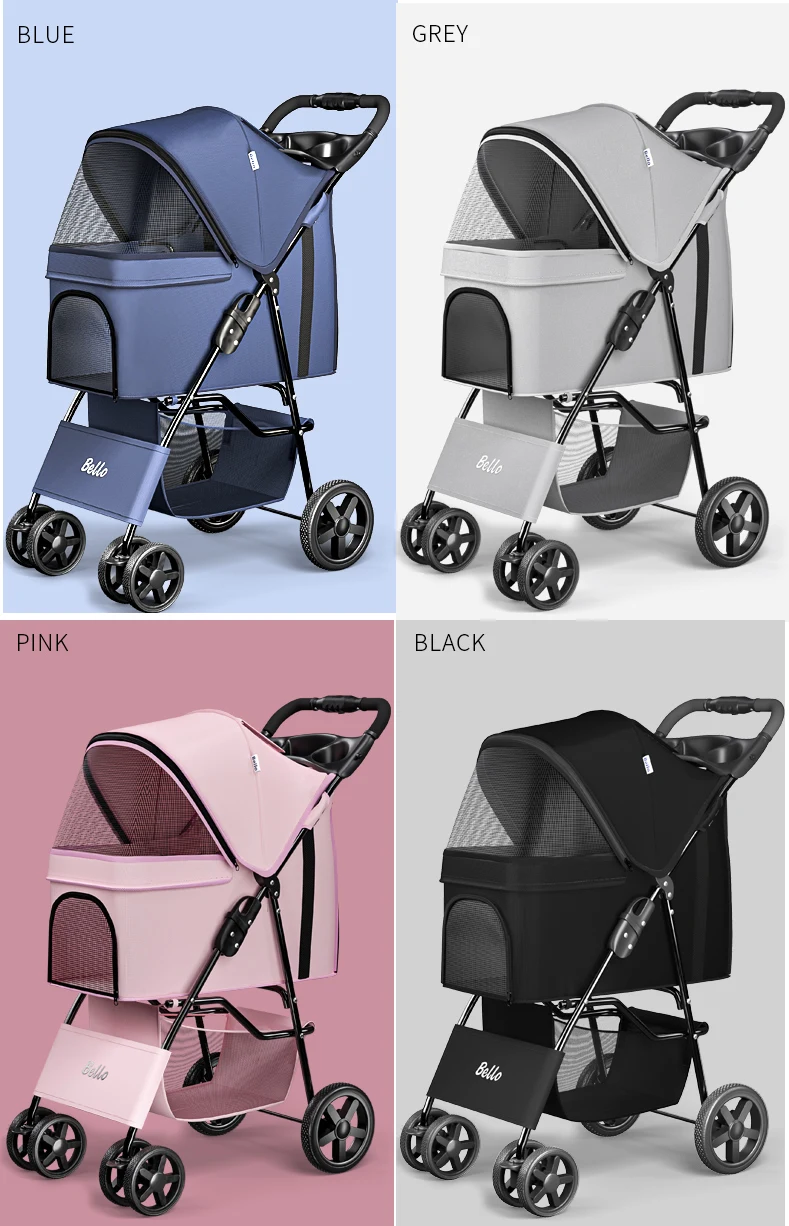 Bello Manufacturer بالجملة رخيصة 4 عجلات عربة الحيوانات الأليفة المحمولة خفيفة الوزن سهلة قابلة للطي عربة الكلب لسهولة السفر