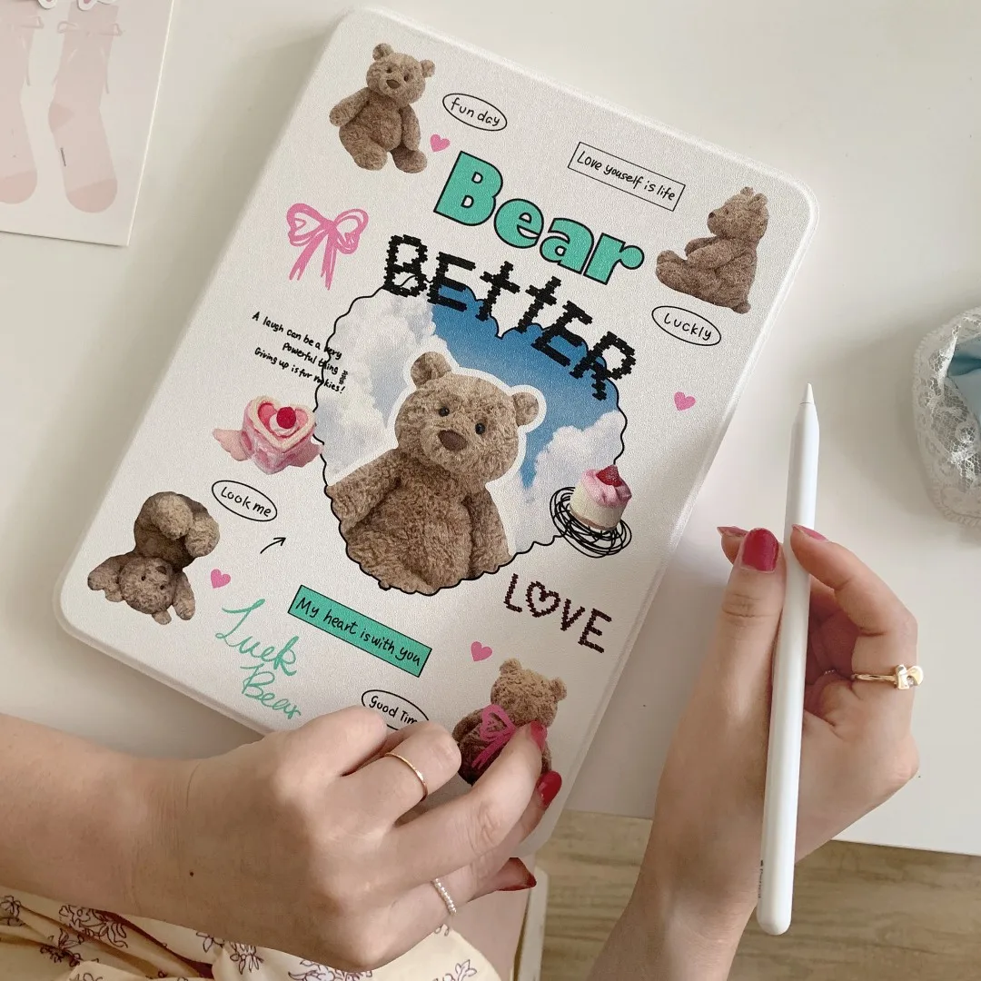 

Korean Cartoon Bear Case For ipad Air4 10.9 Pro 11 10.5 9.7 2022 Mini 6 Smart Cover With Pencil Holder iPad9 10.2 8th Generation