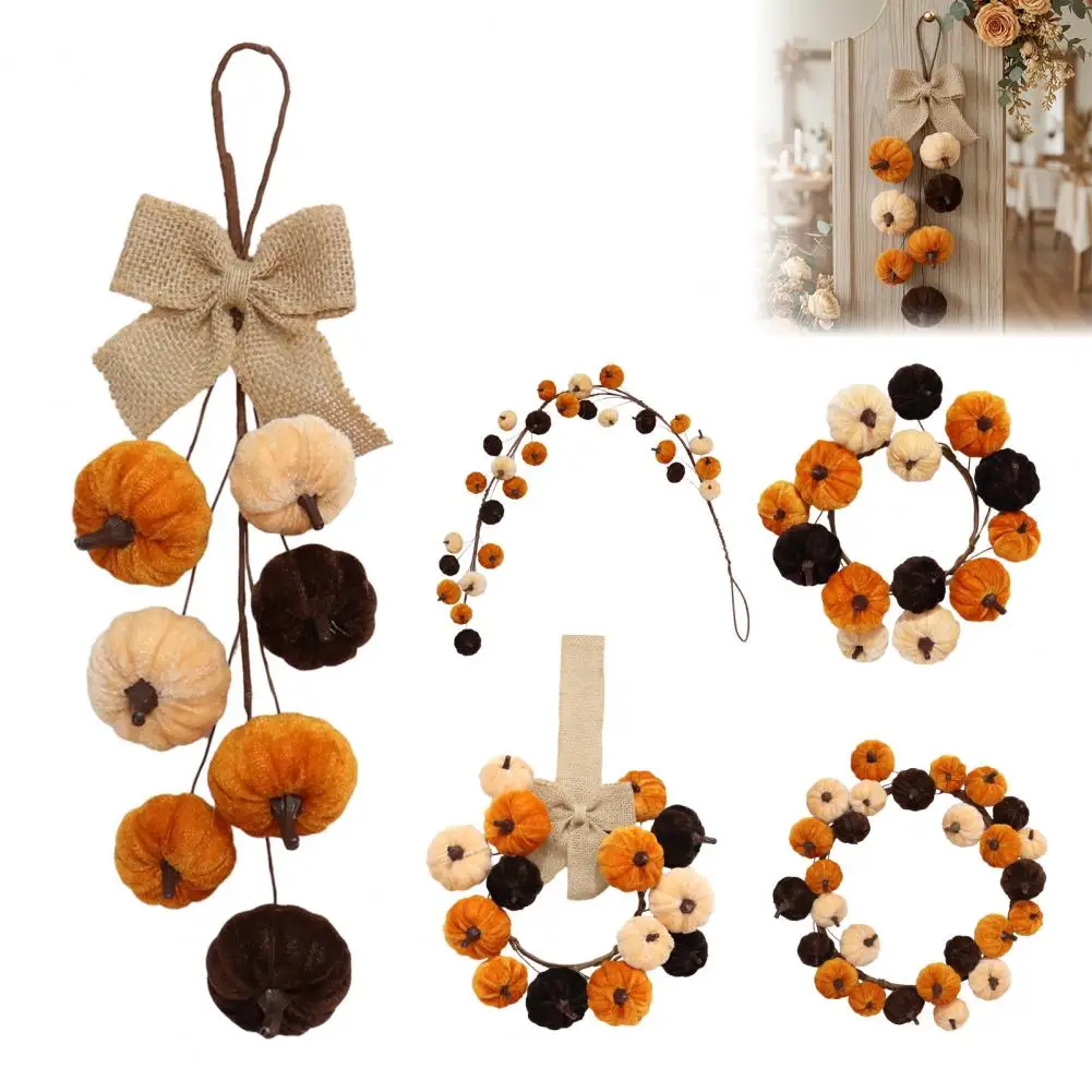 Fall Wreath for Front Door Outdoor Autumn Door Wreath Thanksgiving Pumpkin Wreath with Velvet Ornaments Fall Harvest Teardrop