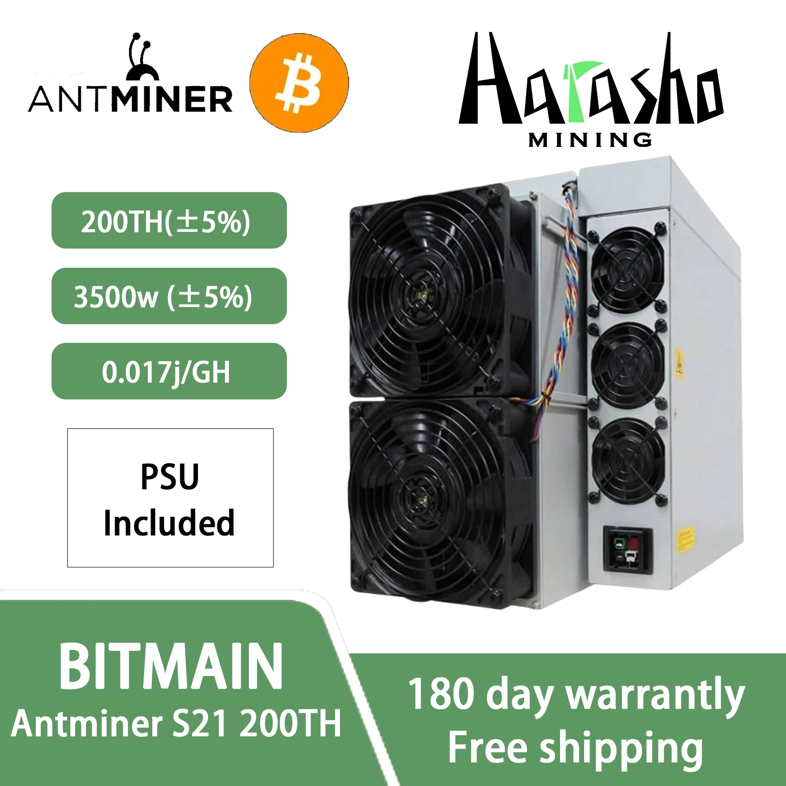 New Bitmain Antminer S21 200Th/s 3500W Consumption BTC Miner SHA-256 Algorithm Asic Miner with PSU In Stock