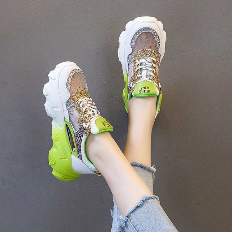 Ladies Shoes Mesh Breathable High On Platform Lace Up Women Footwear Green Chic Elegant Promotion Shoe Korean Light Trends 2024