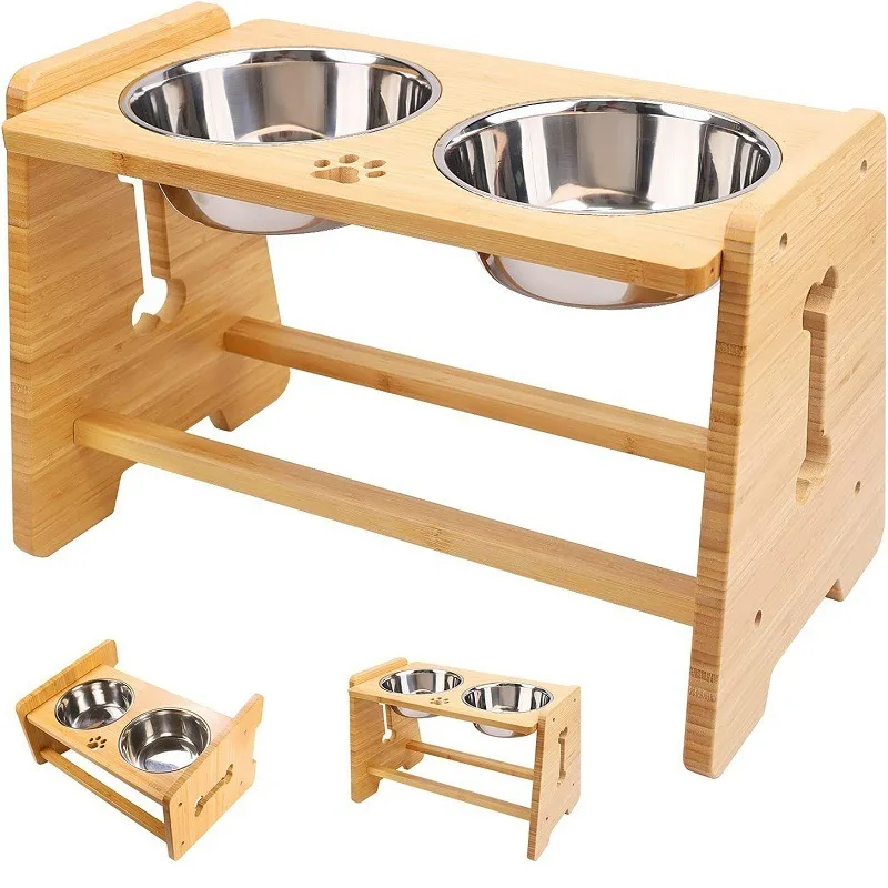 

Бамбуковый и деревянный держатель для миски для домашних животных, держатель для миски для собак, обеденный стол, кормушка для кошек и собак, регулируемая высота, держатель для миски для домашних животных