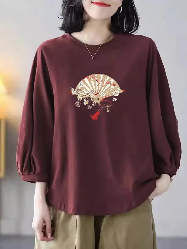 Women's round Neck Loose Lantern Sleeve Seven-Foot-Tube T-Shirt Pure Cotton Autumn New Style Base Layer Inner Wear Top
