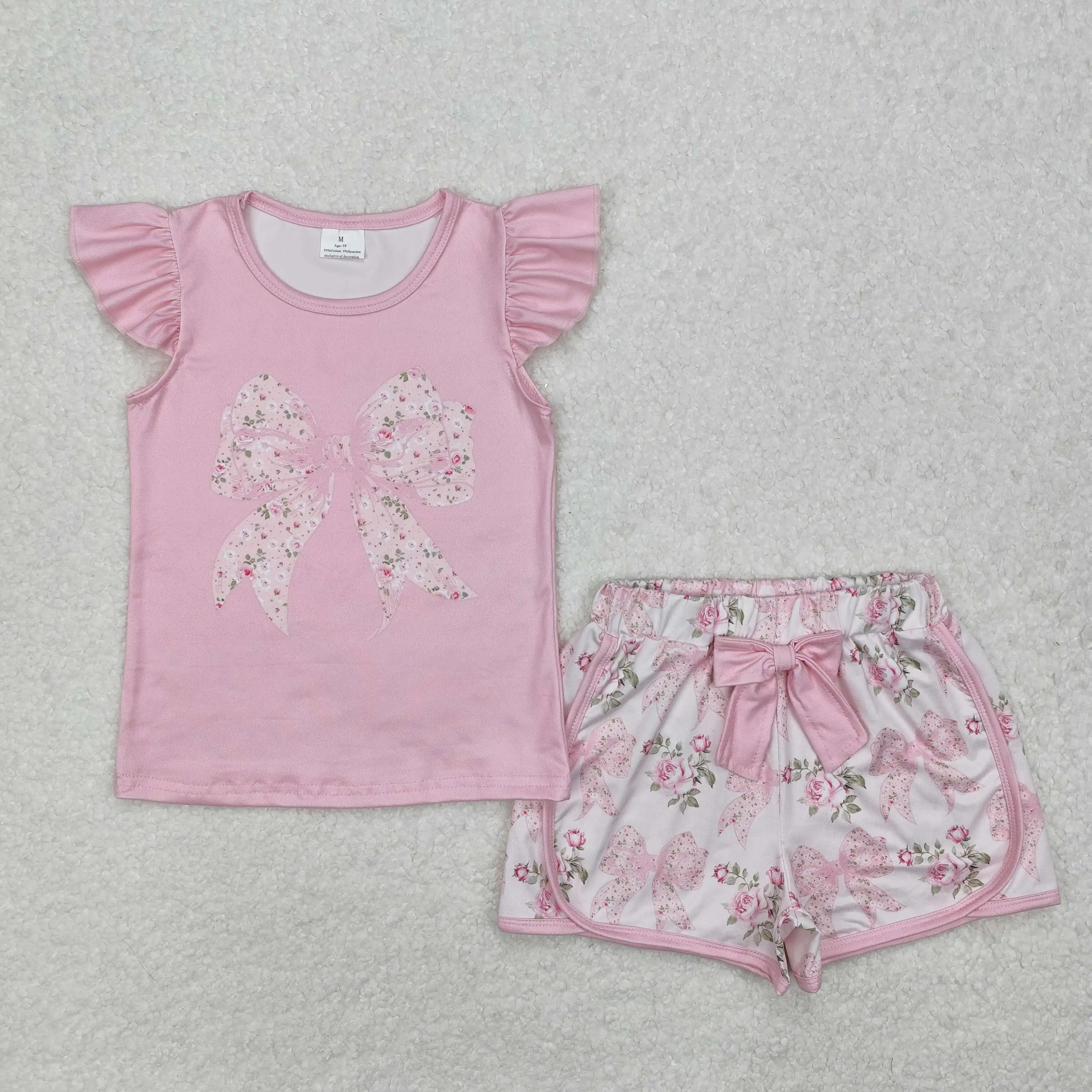 New rts baby girl summer suit wholesale boutique floral leaf bow pink flying sleeve shorts set