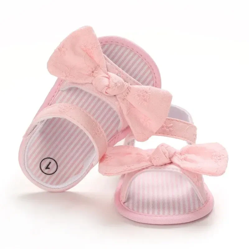 Meckior Summer Cute Bowknot Toddler Girl Shoes Canvas Newborn Garden Sandals Baby Anti-slip Soft Baby Girls Shoes 0-18M