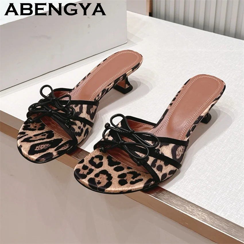 New Bow Open Toe Kitten Heels Slippers for Woman 2026 Sexy Backless Mules Slippers Sandals Women Summer Dress Party Shoes Mujer