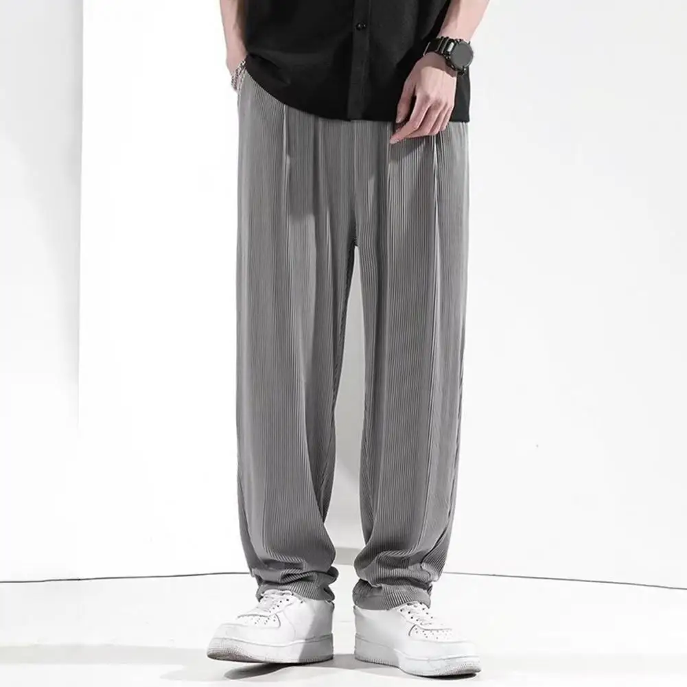 

Men Trousers Japanese Style Men's Wide Leg Ninth Pants with Elastic Waist Side Pockets Solid Color Gym Traning Jogging