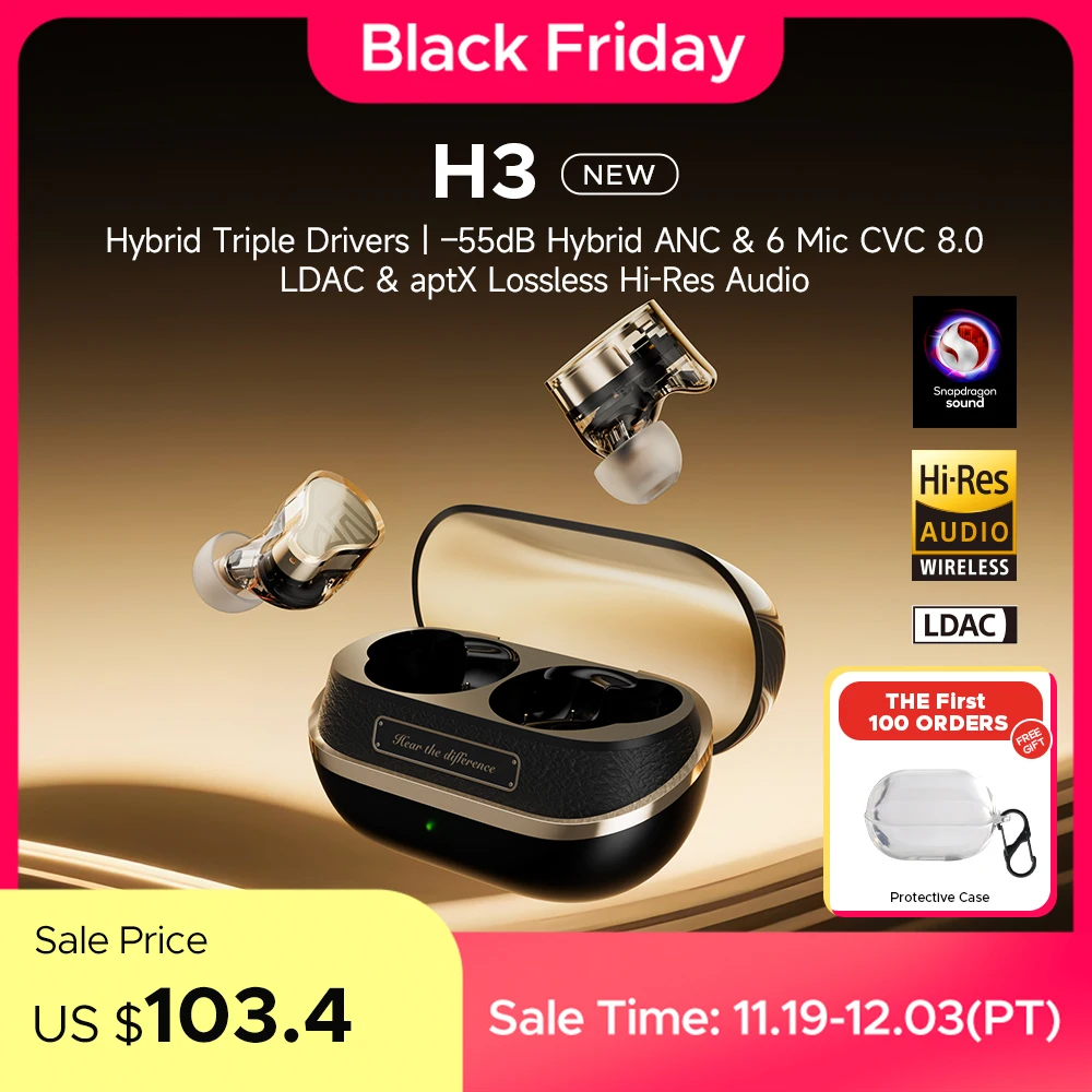 사운드피츠 H3 하이브리드 3 드라이버 무선 이어버드 블루투스 5.4, 55dB 적응형 ANC, LDAC & aptX 무손실 Hi-Res 오디오, 6개 마이크 CVC8