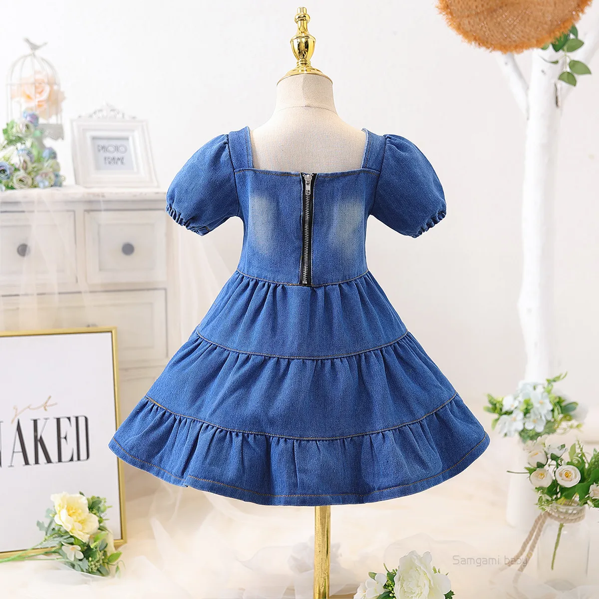 Europe  United States children's dress ins summer style girl's square collar denim dress girl's bubble sleeve zipper denim dress