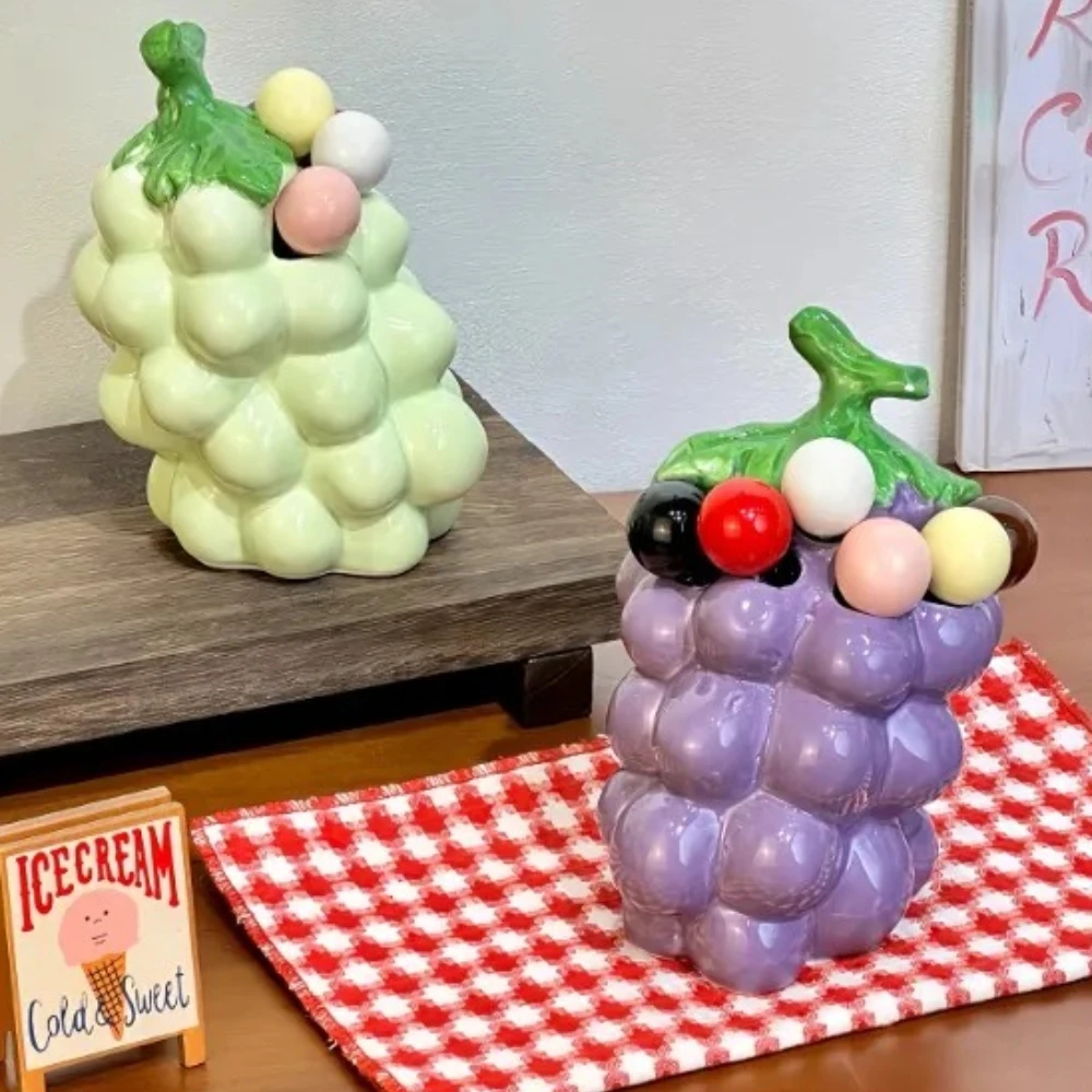 Cute Ceramic Grape Fruit Fork Set Home Kitchen Stainless Steel Dessert Forks Storage Jar Fruits Insertion Safety Forks Toothpick