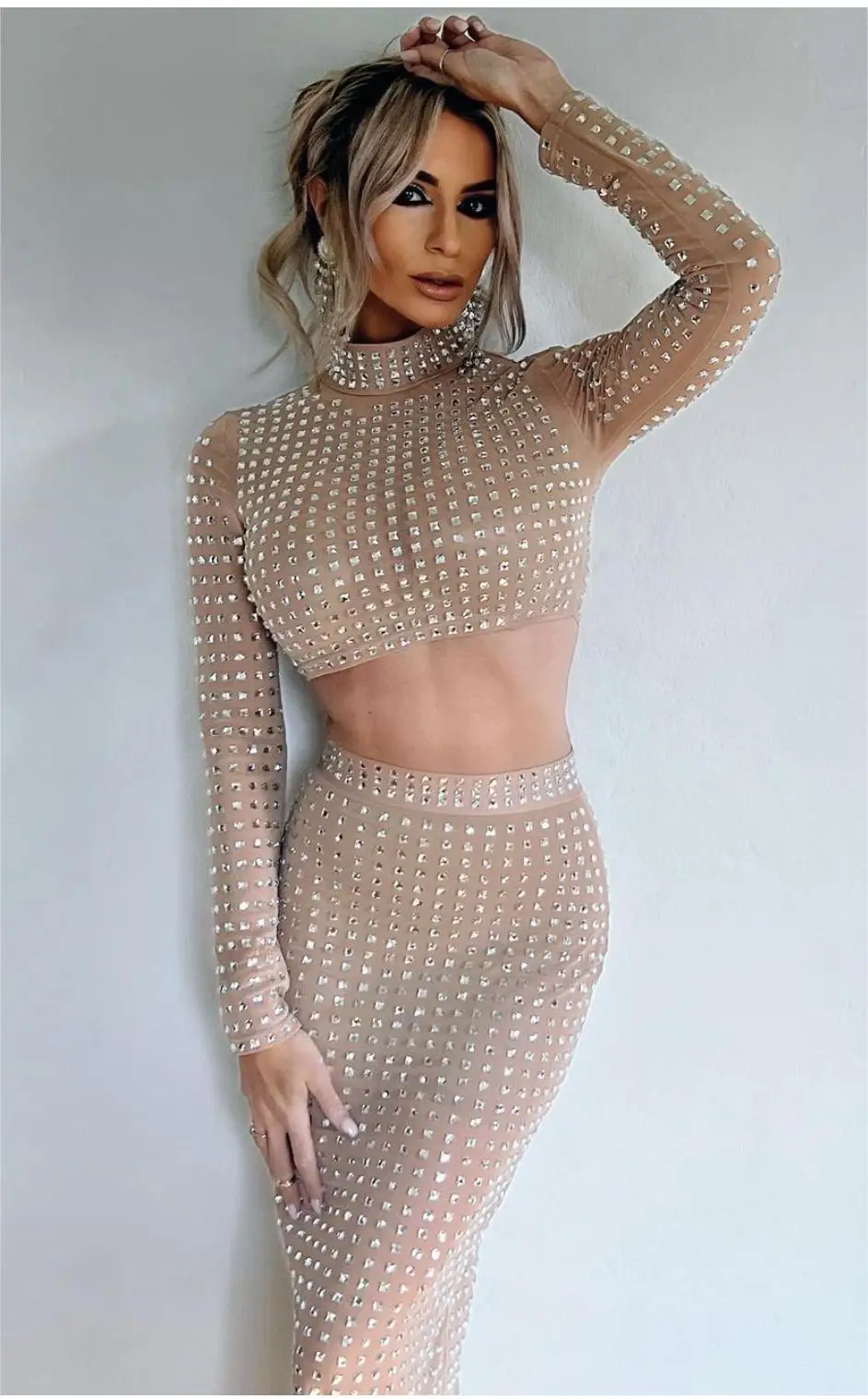 2024 Women New Dress Elastic Bodycon Long Sleeve Crop Top And High Waist Skirt Studded Two Piece Sets High Street Party Outfits