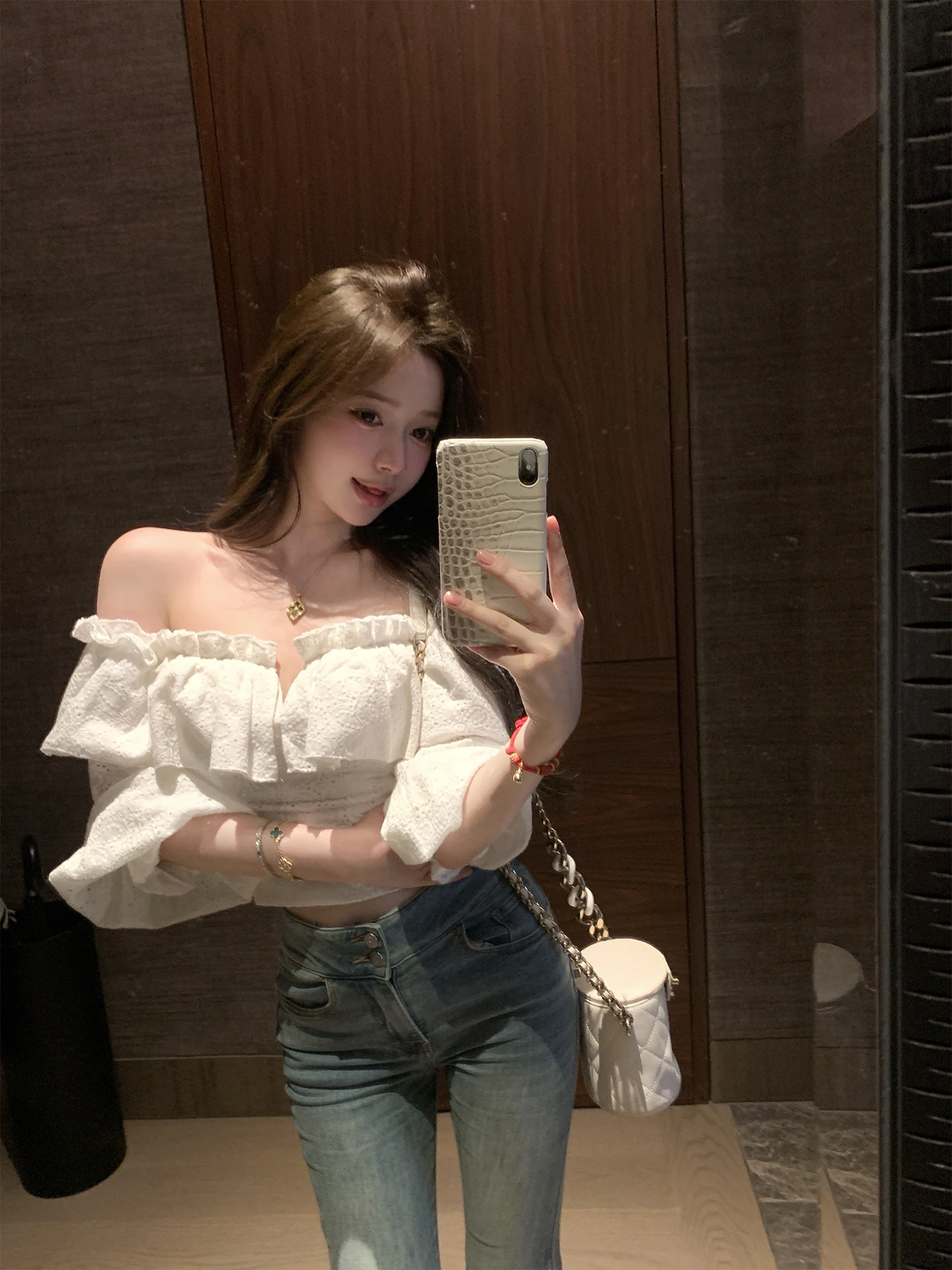 

NNS2026 Chen Jiannan Muse Heavy Embroidery Hollow Flower One oulder Lace Trim Top Women's Cotton irt Breathable ort Sve