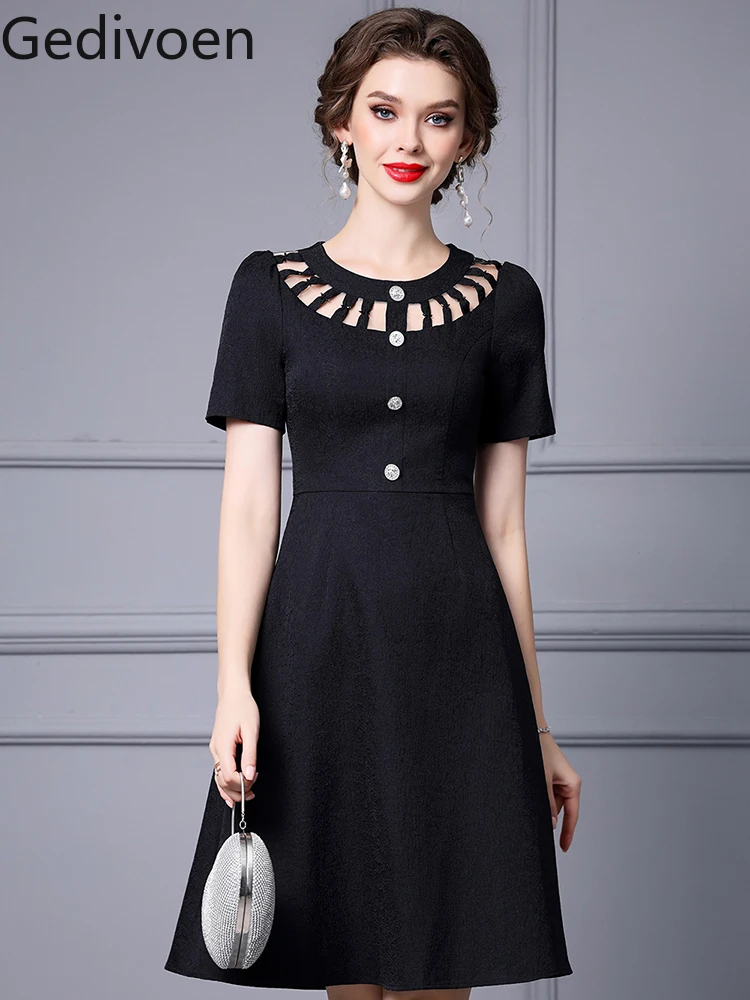 MoaaYina Fashion Designer Summer Women's Mini Dresses O-Neck Collar Button Hook Flower Hollow Office Lady Style A-LINE Dress