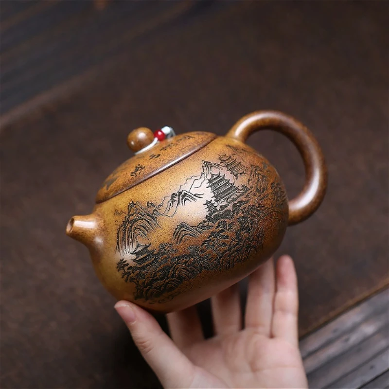 

Yixing Handmade Purple Clay Teapot Tradition Hand-carved Tea Pot Beauty Tea Infuser Kettle Household Chinese Zisha Tea Set 450ml
