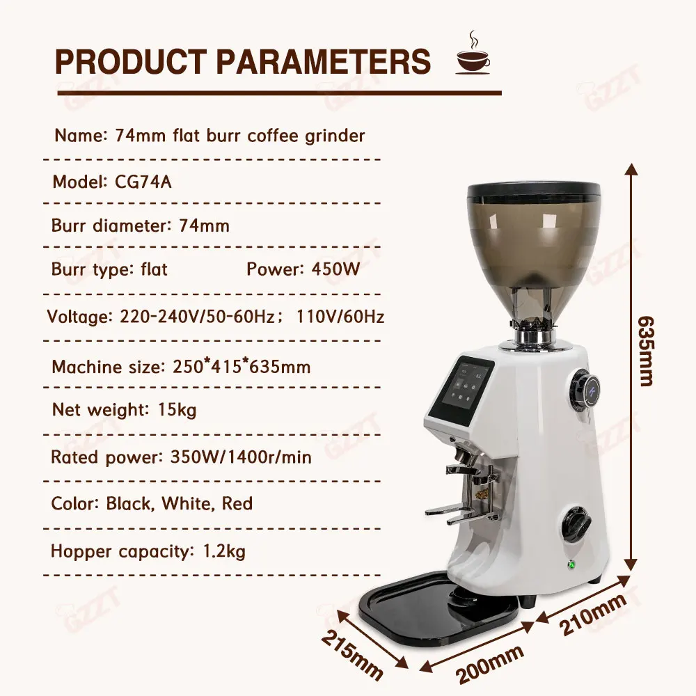 GZZT CG74A Commercial Quantitative Grinder Electric Coffee Bean Grinder 74mm Flat Burr Touch screen Coffee Bean Miiler 110 220V