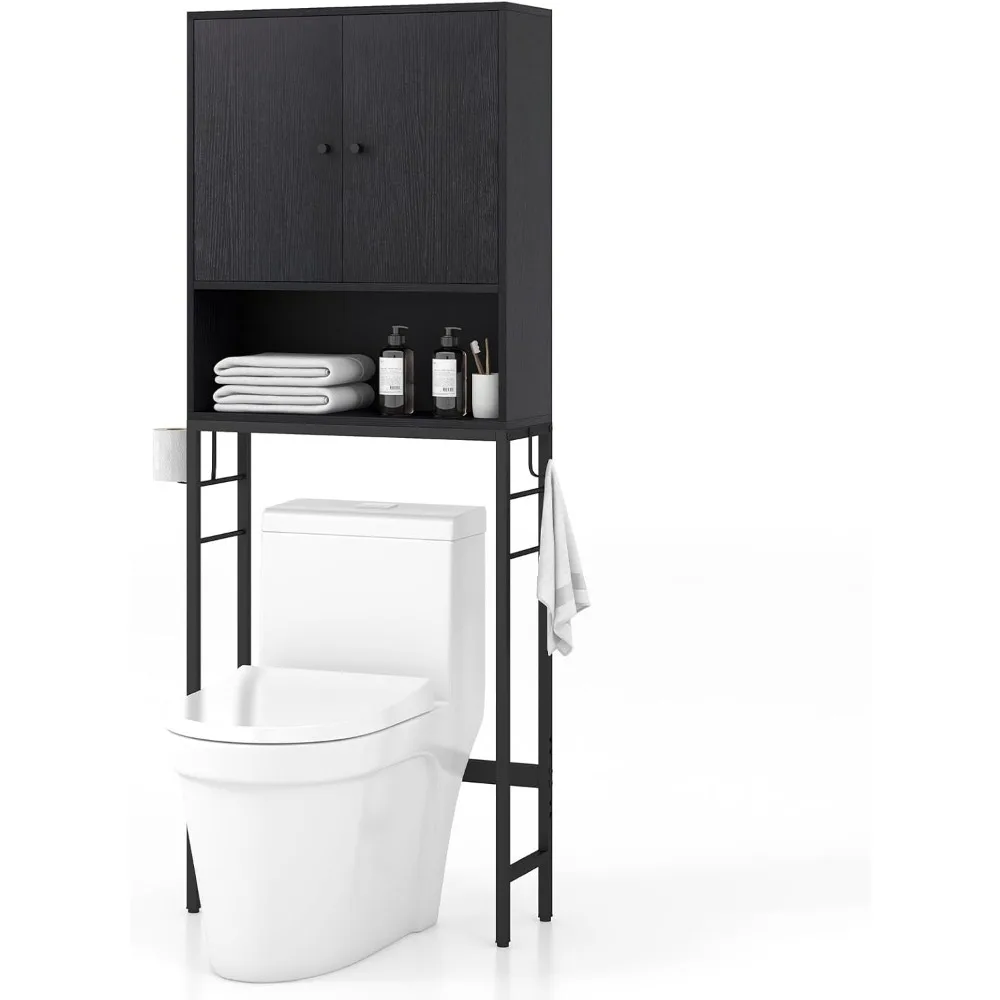 Storage Cabinet - Toilet Shelf Rack with Anti-Tip Device, Open Compartment, Adjustable Shelf & Bottom Bar, Storage Shelves