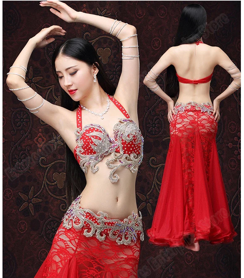 

Women Belly Dance Set Stage Orientale Bra Beads Night Dance Clothes Eastern Style Outfits Sexy Lace Carnival Tops Belt Costume