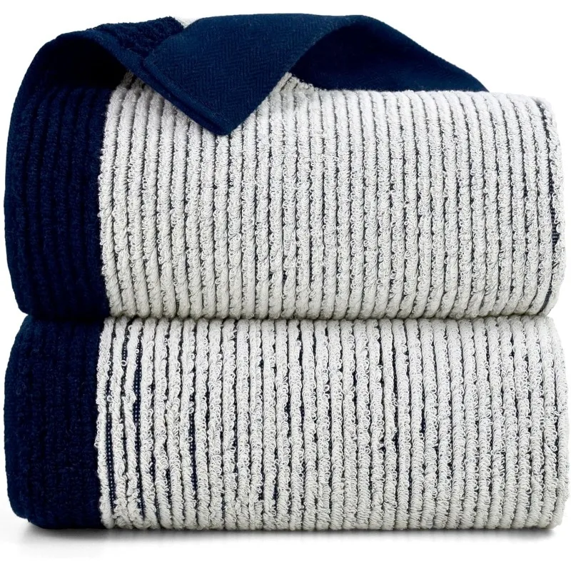 Fluffy Bath Towels for Bathroom, Shower Towel Set of 2, Jacquard Weaved Soft Cotton Cloths Navy-Blue, 54 by 28 Inches