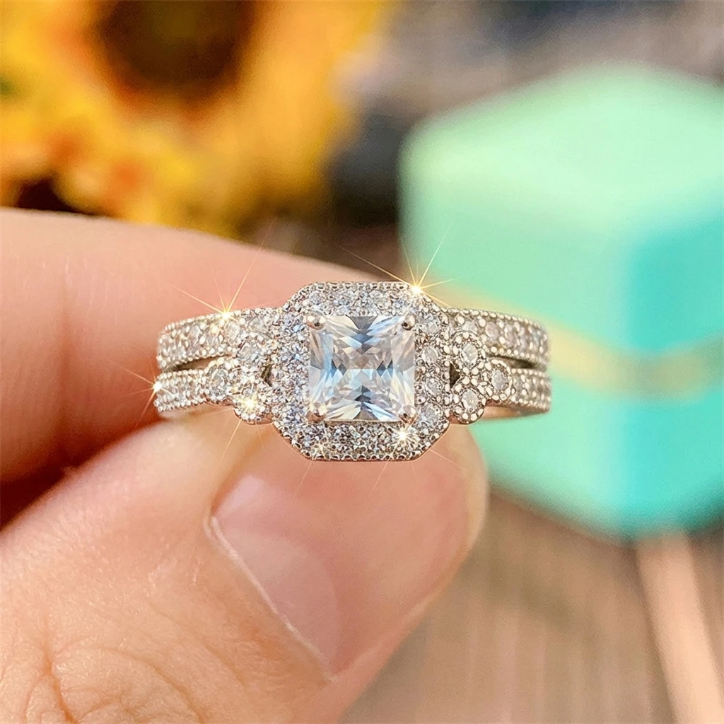 2-teiliges Reise-Ringset für Damen: Messing-Zirkon-Kissen-Halo-Verlobungsring-Alternative mit Pavé-Band – Sorgenfreier Schmuck – Detail 6