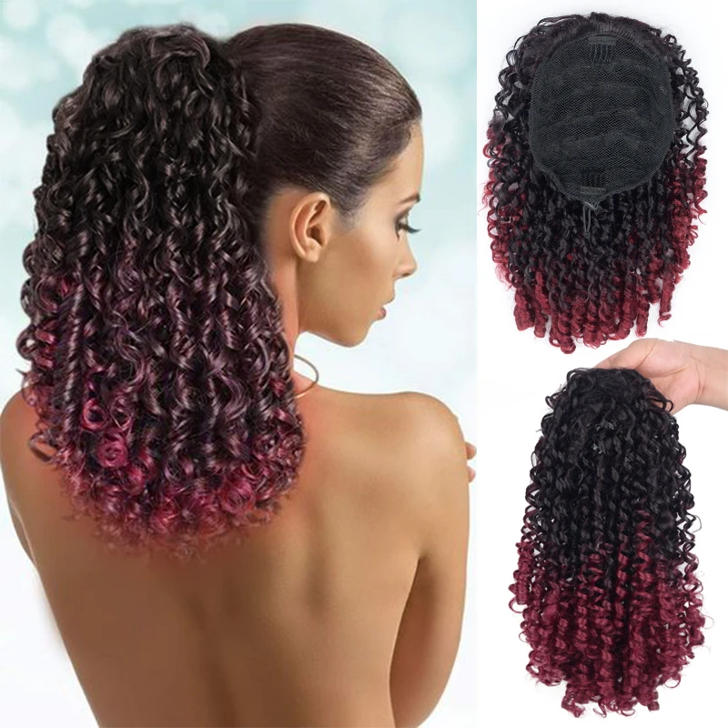 Extensión de cola de caballo con cordón rojo degradado para mujeres negras, extensiones de cola de caballo rizadas sintéticas con cordón, 2 Clips,