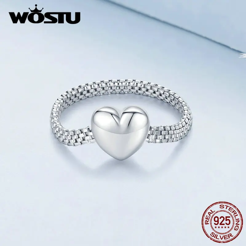 WOSTU Solid 925 Sterling Sivler 9MM Big Heart Watchband Chain Rings For Women Lovely Girl Heart-shaped Watch Link Ring Jewelry