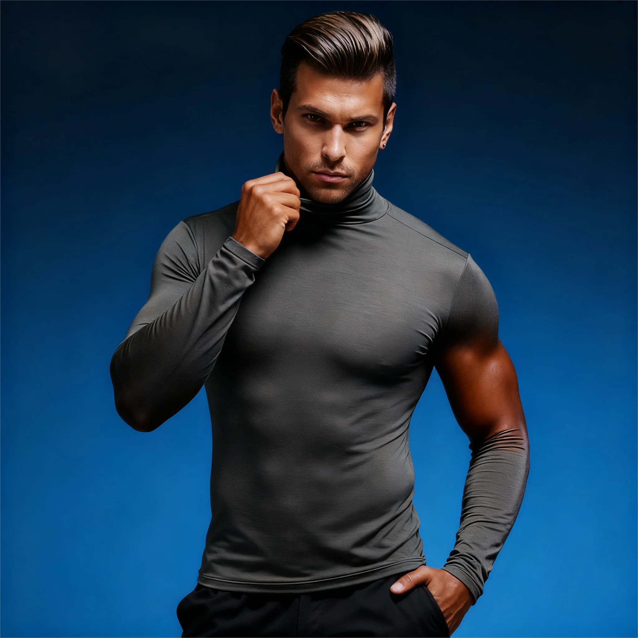 

Autumn men's thermal underwear tops warm winter tights turtleneck thin bottoming shirt single piece slim fit top