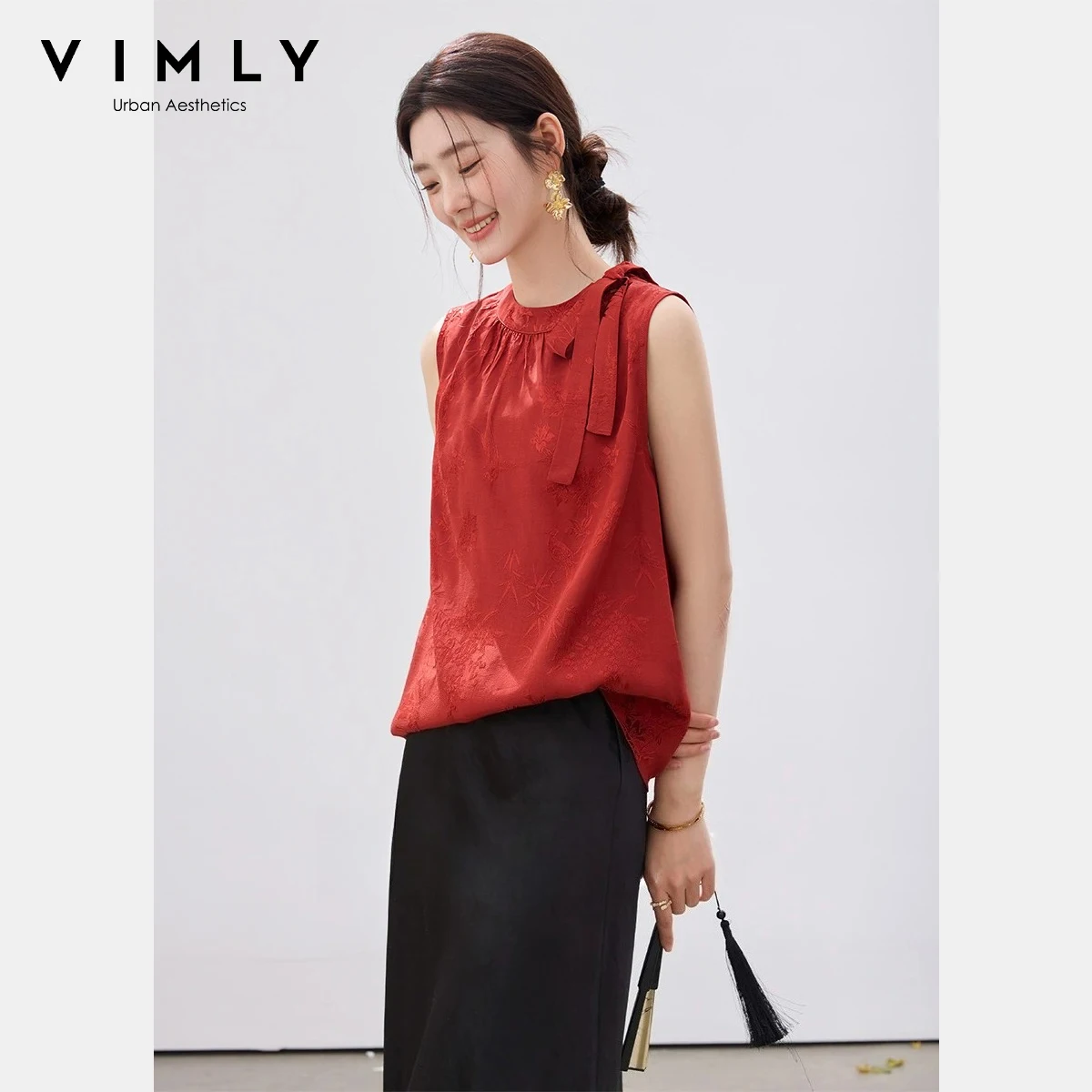 

VIMLY Women's Red Sleeveless Shirt 2026 Summer New Chinese Style Sash Stand Collar Jacquard Design Casual Daily Blouse A6051
