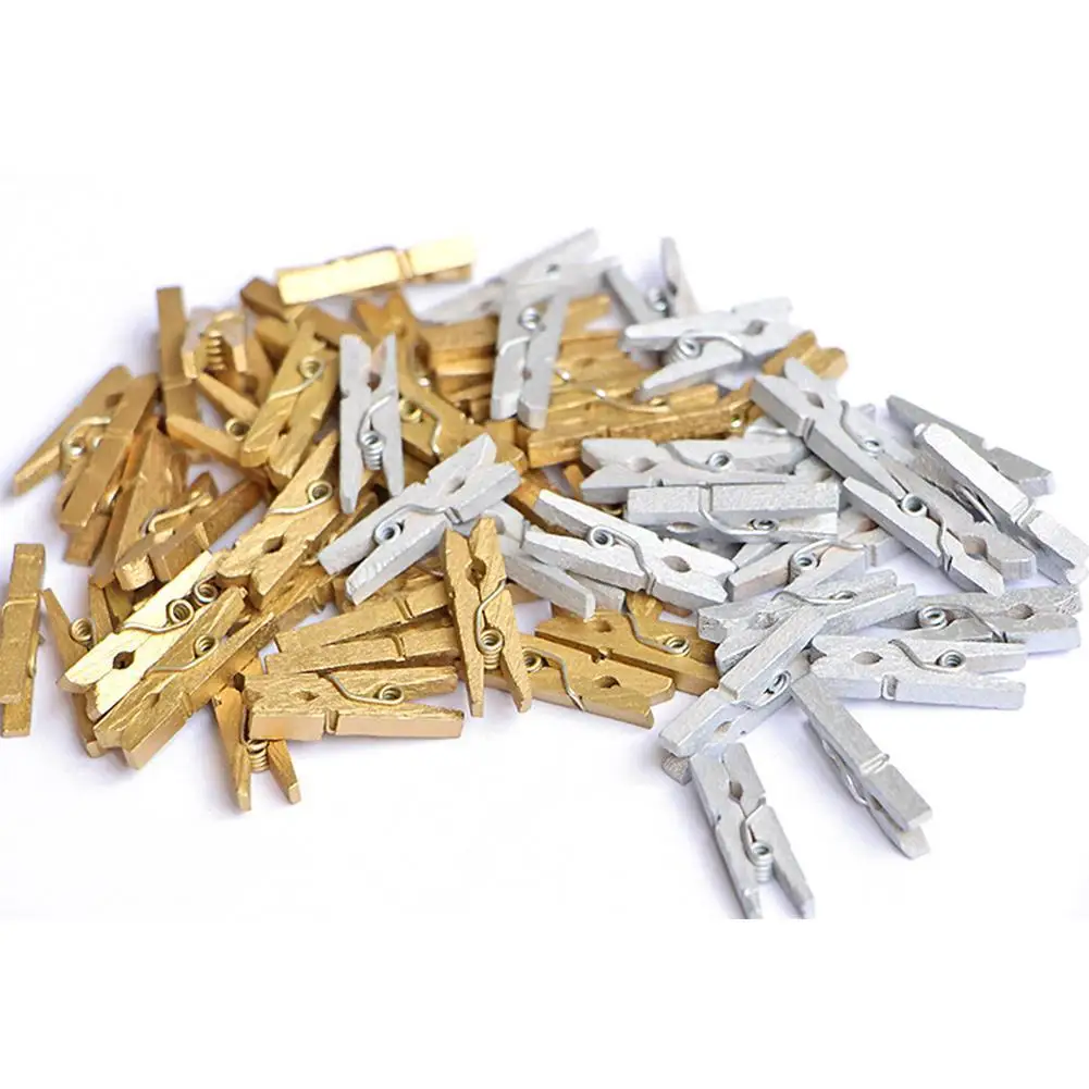 50pcs Mini 25mm gold/silver Wooden Clips Photo Clips Clothespin Photo Paper Clothespin Craft Clips Portable Wood Clamp