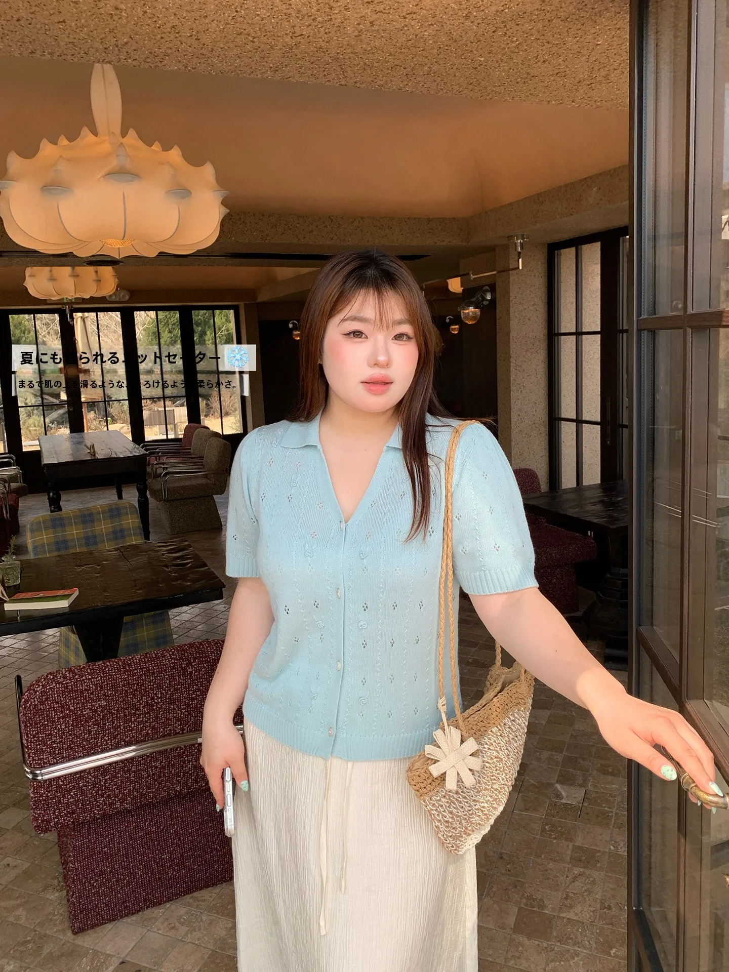 

Soft Knitted Short Sleeve V-Neck Women's Top Mint Soda Gentle Breathable Witch Large Size Female Fashion Spring Cardigan