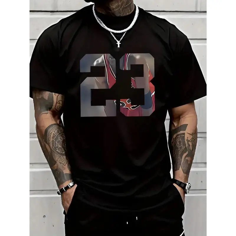 23 Graphic Printed Soft T-Shirt - Menswear Short-Sleeve Round Neck Tee, Casual Fashionable Versatile, Comfortable Breathable, Machine Washable, Suitable for All Seasons
