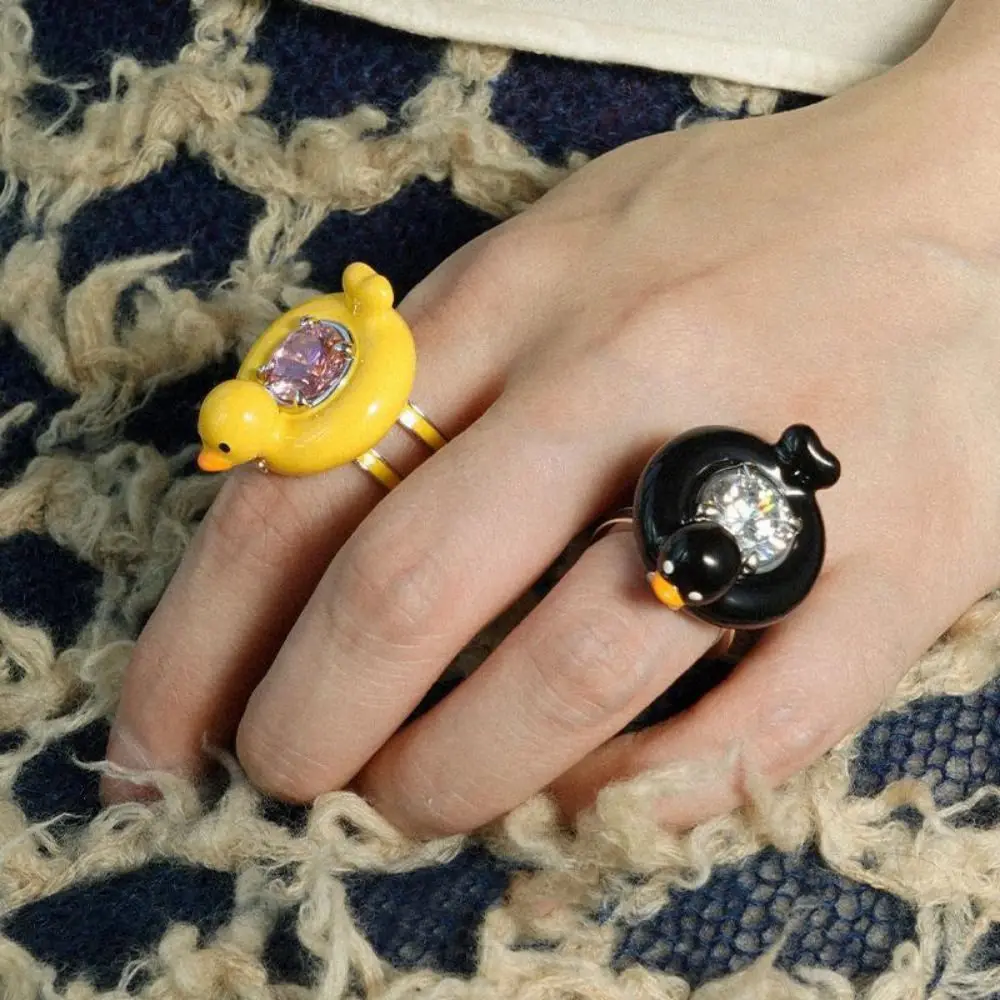 

Cute Opening Swim Ring Duck Ring Adjustable Shiny Cartoon Duck Finger Rings Rhinestone Lightweight Adjuastable Open Ring Men