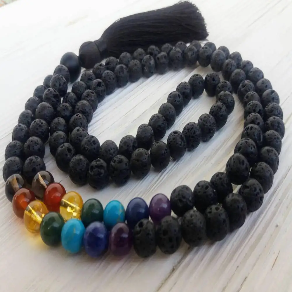 

Natural Lava Rock & 7-Chakra Gemstones 108 Mala Beads Necklace Balance & Grounding Healing Crystal Jewelry