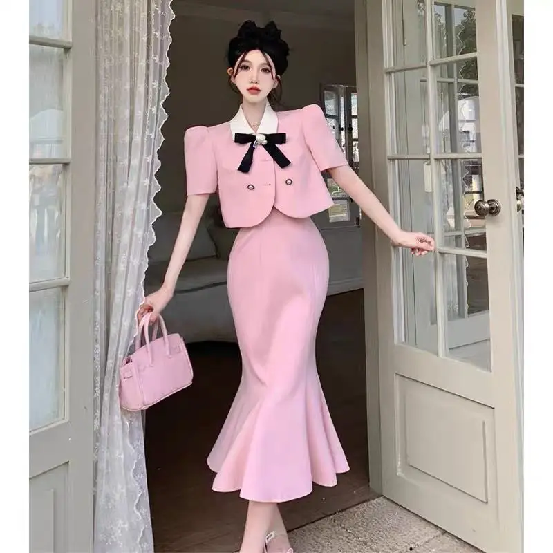 Chic Style Suit for Women, 2024 Spring and Summer New French High-End Bow Short Jacket with Fish Tail Skirt Two-Piece Set Hot