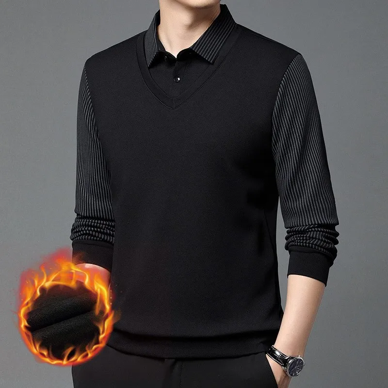 

Мужской утепленный свитер с воротником-стойкой на флисовой подкладке, теплый повседневный модный топ, базовая кофта для осени и зимы, комфортный трикотаж для мужчин среднего возраста