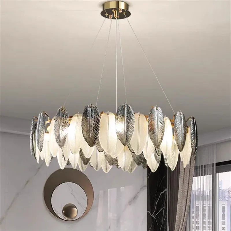 

Роскошная круглая многоярусная стеклянная люстра с матовыми перьями, светодиодная круглая лампа для виллы, золотой металл для гостиной, обеденного стола, большая подвесная лампа