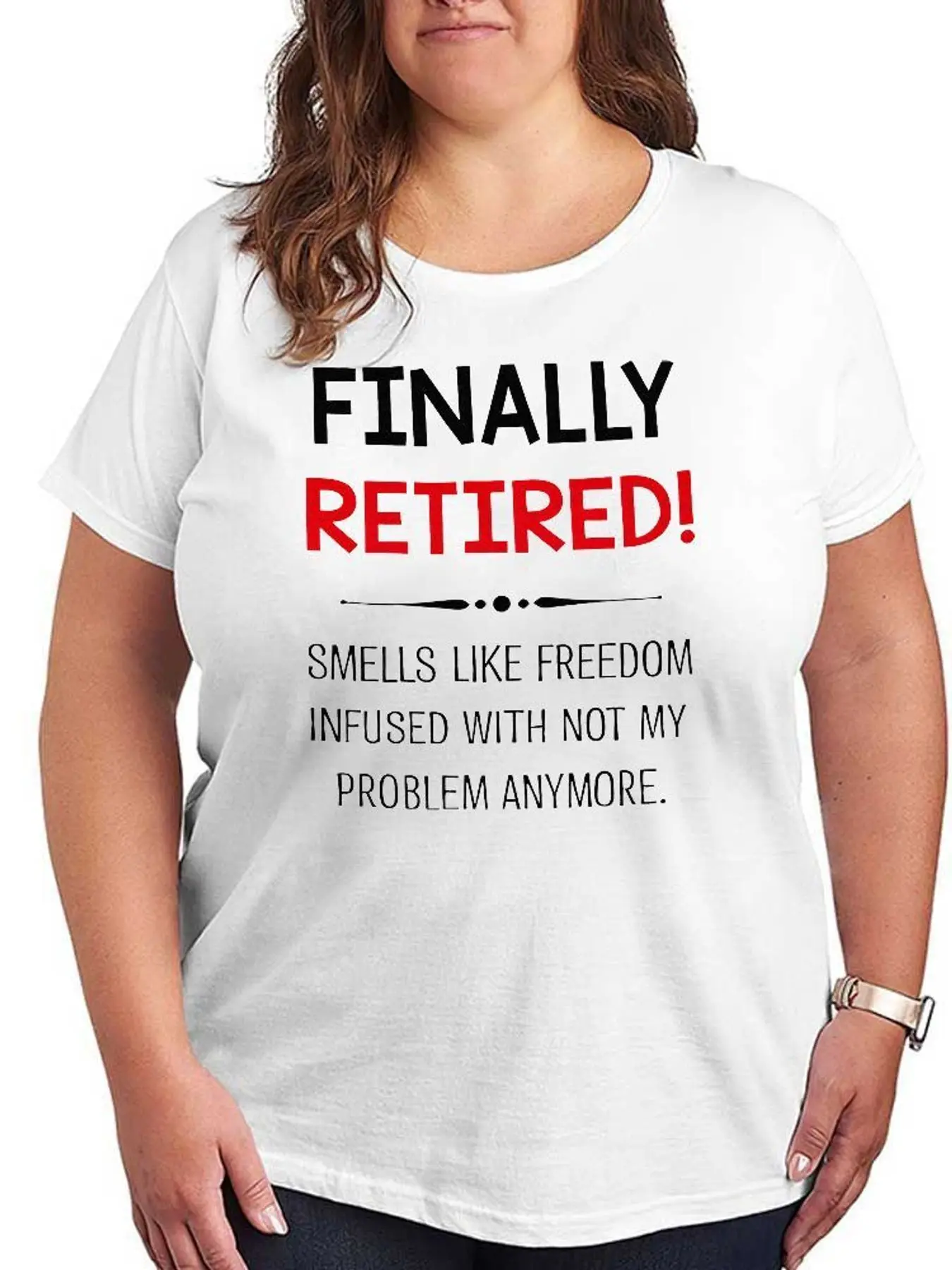 Finally Retired Smells Like Freedom Funny Graphic T Shirt Women Fashion Stretchy Plus Size Short Sleeve Casual Comfortable Cotton Tee Tops